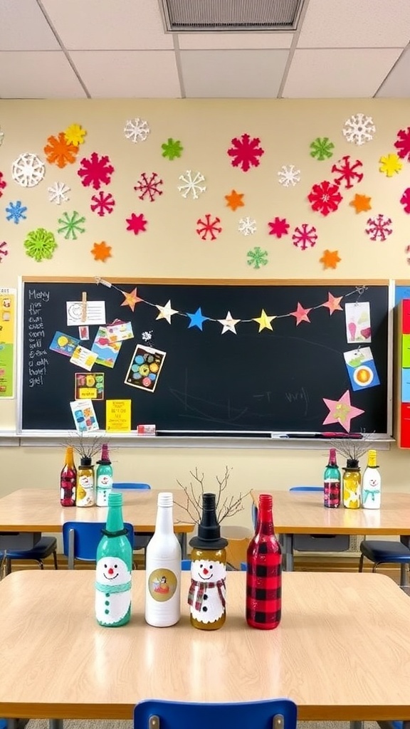 Classroom filled with colorful DIY Christmas decorations including snowflakes, garlands, and centerpieces.